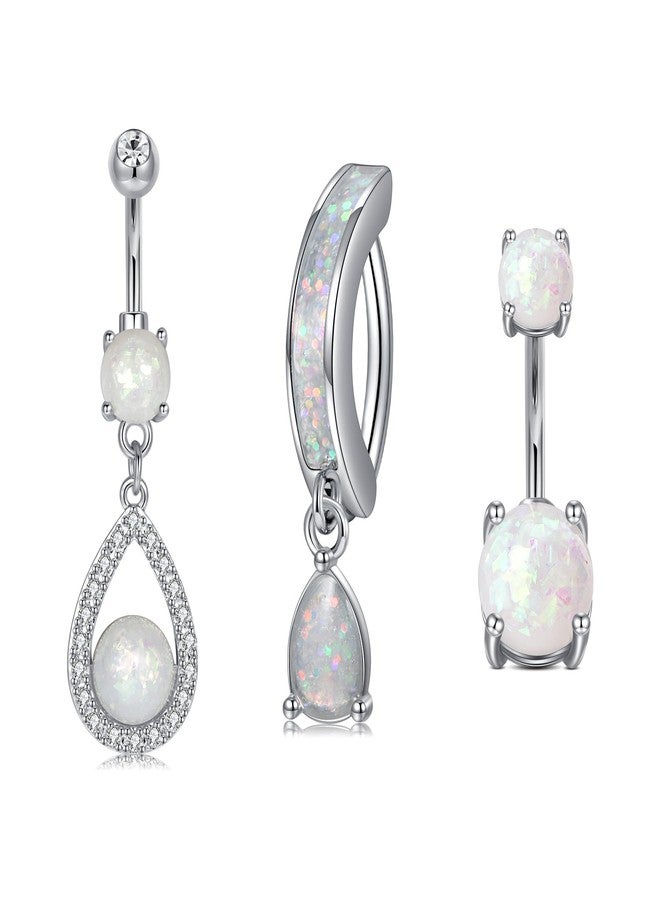 JFORYOU Belly Button Ring Clicker Belly Button Piercing Dangle Opal Belly Piercing Surgical Steel Teardrop Dangle Belly Navel Rings Piercing Jewelry for Women 14G Silver CZ Opal - Image 1